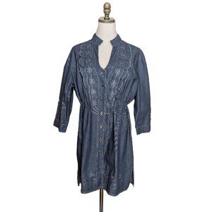 Gretty Zueger Denim Embroidered Western Dress Size XL Blue Button Up Ruffles